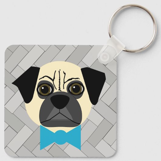 Fawn Pug with bowtie, Herringbone grey キーホルダー (裏面)