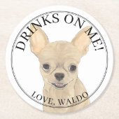 Fawwn パーソナライズされた Long Fold Chihuahua'結婚s ラウンドペーパーコースター (正面)
