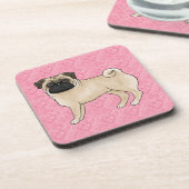 Fawwn Pug Dog Cartoon Mopsピンクラブハートパターン コースター (左側)