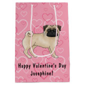 Fawwn Pug Dog Cartoon Mopsピンクラブハートパターン ミディアムペーパーバッグ (裏面)