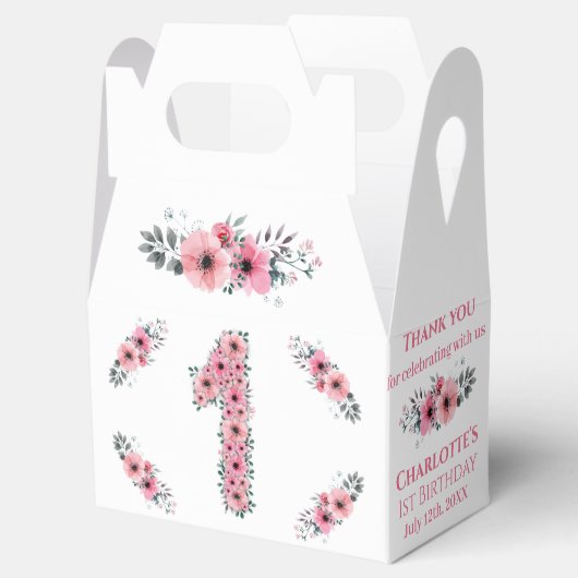 FBig 1歳の誕生日ガールグリーン葉ピンクの花 フェイバーボックス (オープン)