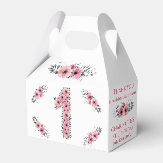 FBig 1歳の誕生日ガールグリーン葉ピンクの花 フェイバーボックス (正面サイド)