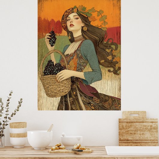 *~* FD2  Fall  Girl Autumn Retro Grapes  5 ポスター (キッチン)