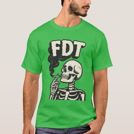 “FDT” + skeleton smoking cigarette Tシャツ (正面)
