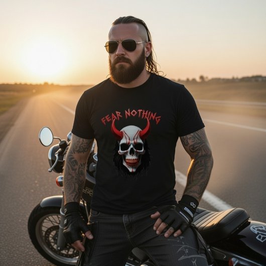 Fear Nothing Red Horned Skull Graphic Tシャツ