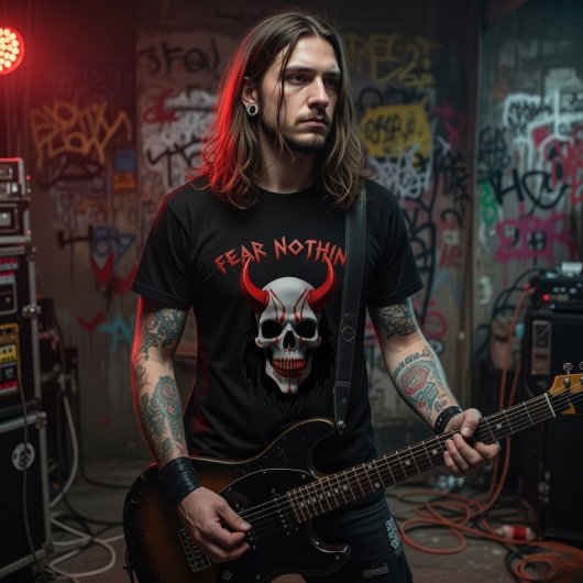 Fear Nothing Red Horned Skull Graphic Tシャツ