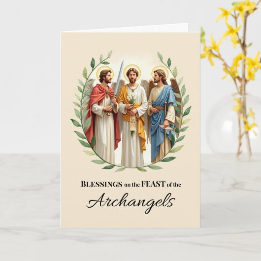 Feast Day Blessings of the Archangels Leafy Wreath カード (黄色い花)