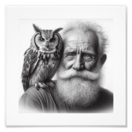 Feathered Friends: Older Man with Owl Wall Art フォトプリント