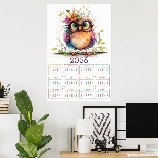 Feathers & Flowers: 2026 Owl Calendar ポスター (ホームオフィス)