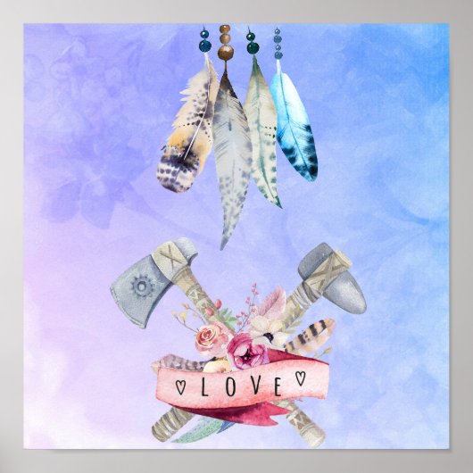 Feathers Flowers and Love Watercolor Design ポスター (正面)