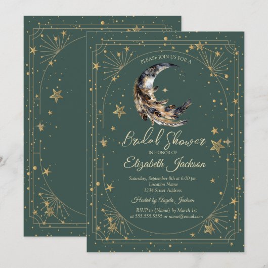 Feathers Moon Stars Frame Green Bridal Shower 招待状 (正面/裏面)