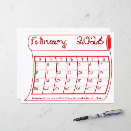 February 2026 Calendar Red Bolt Fabric Font Paper (正面/裏面インサイチュ)