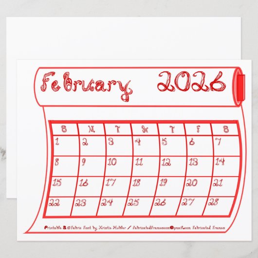 February 2026 Calendar Red Bolt Fabric Font Paper (正面/裏面)