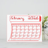 February 2026 Calendar Red Bolt Fabric Font Paper (スタンド正面)