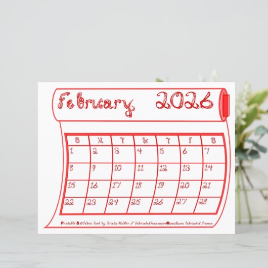 February 2026 Calendar Red Bolt Fabric Font Paper (スタンド正面)