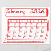 February 2026 Calendar Red Bolt Fabric Font Paper (正面)