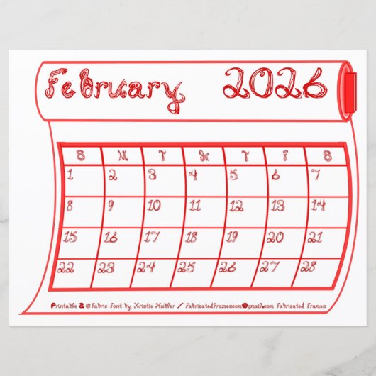 February 2026 Calendar Red Bolt Fabric Font Paper (正面)