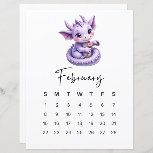 February Baby Dragon Cute Fantasy Monthly Calendar (正面/裏面)