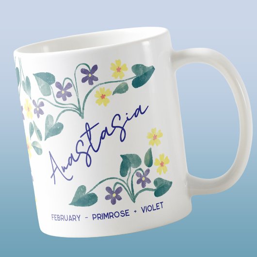 February Birth Flower Custom Name Primrose Violet コーヒーマグカップ