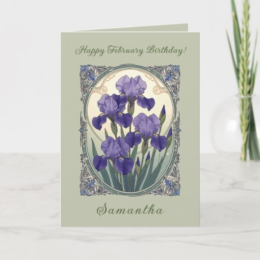 February Birth Flower Iris Flowers Art Nouveau Sty カード (正面)
