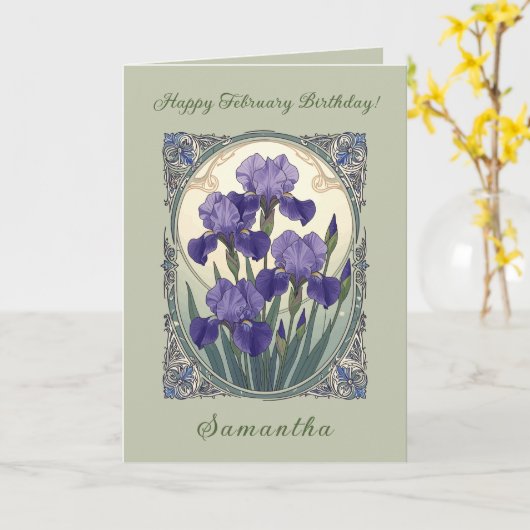 February Birth Flower Iris Flowers Art Nouveau Sty カード (黄色い花)