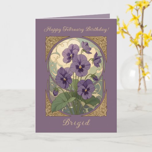 February Birth Flower Violet Viola Art Nouveau Sty カード (黄色い花)