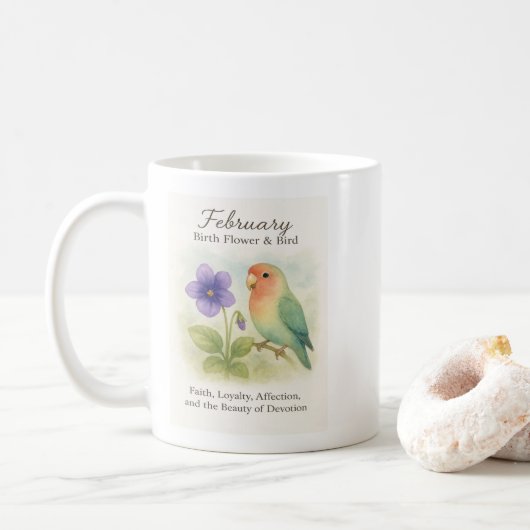 February Birthday Christian Floral Love Bird コーヒーマグカップ (ドーナツ)