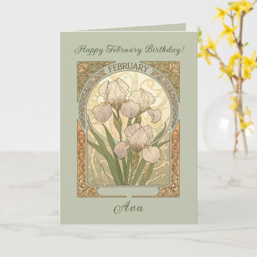 February Birthday Iris Flowers Art Nouveau Style カード (黄色い花)