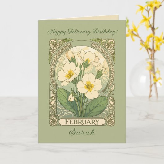 February Birthday Primrose Flowers Art Nouveau Sty カード (黄色い花)