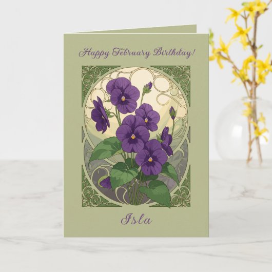 February Birthday Viola Flowers Art Nouveau Style カード (黄色い花)