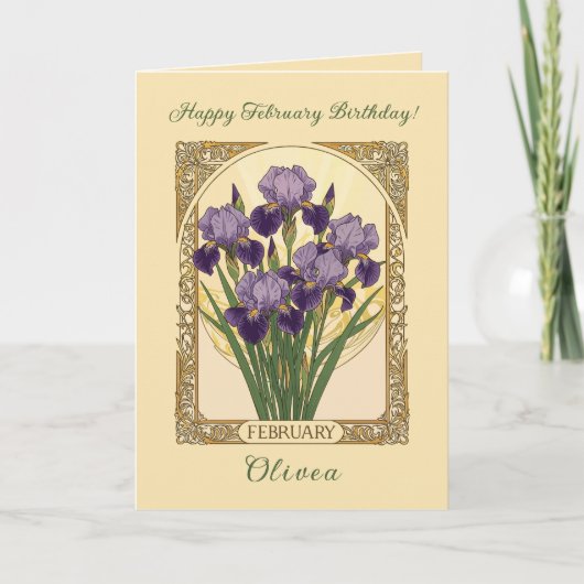 February Irises Birth Flower Art Nouveau Style カード (正面)