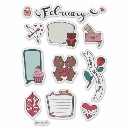 February Sticker Sheet – Sweet Bears & Love Vibes シール (正面)