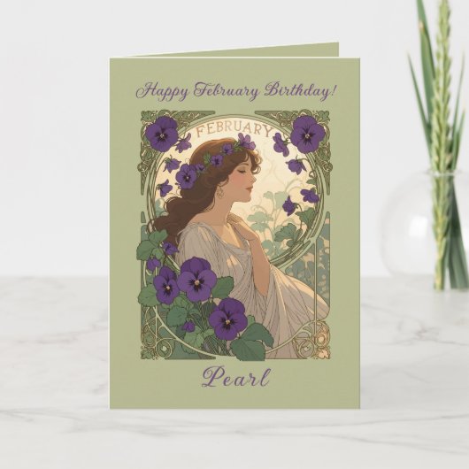 February Viola Birth Flower Art Nouveau Style カード (正面)