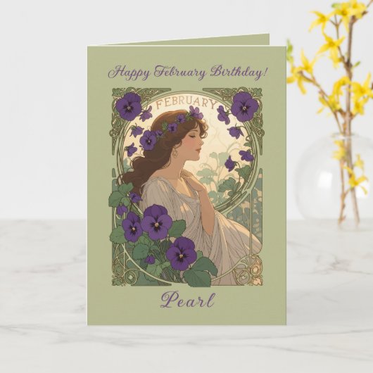 February Viola Birth Flower Art Nouveau Style カード (黄色い花)