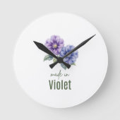 February Violet Birth Flowe Clock Watercolor ラウンド壁時計 (正面)