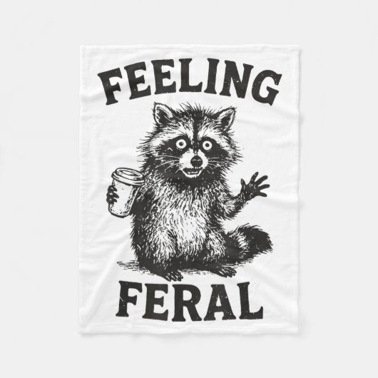 Feeling Feral Raccoon Drink Coffee Funny Trash Pan フリースブランケット (正面)