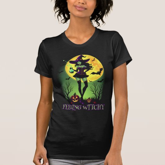 Feeling Witchy Halloween Witch Full Moon Bat Spook Tシャツ (正面)
