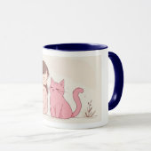"Feline Friendship" Ceramic Mug - White with Blue マグカップ (正面右)