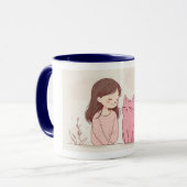 "Feline Friendship" Ceramic Mug - White with Blue マグカップ (正面左)