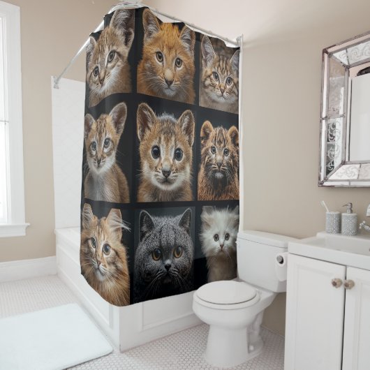 Feline Pets Cat Faces Shower Curtain シャワーカーテン (インサイチュ)