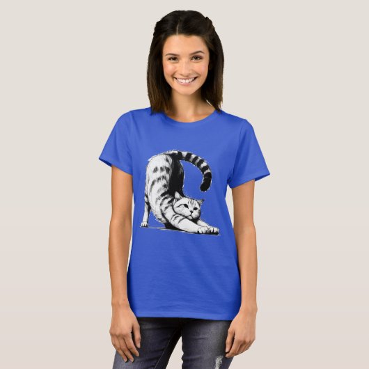 Feline Stretch - Monochrome Cat Illustration Tシャツ (正面フル)