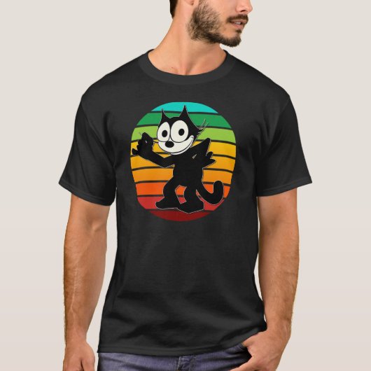 Felix Cartoon Cat Retro Rainbow Sunset Sly Smiling Tシャツ (正面)