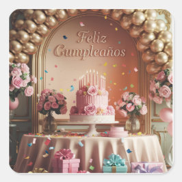 “Feliz Cumpleaños” エレガントなピンクとゴールドの誕生日 スクエアシール