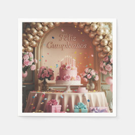“Feliz Cumpleaños” エレガントなピンクとゴールドの誕生日  スタンダードカクテルナプキン