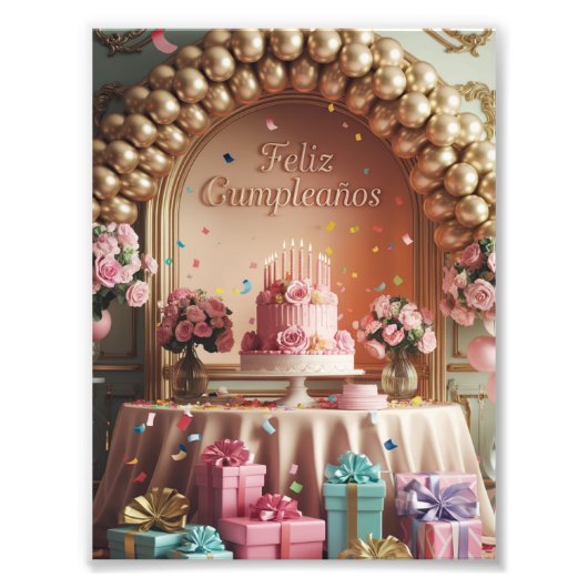 “Feliz Cumpleaños” Elegant Pink & Gold Birthday フォトプリント (正面)