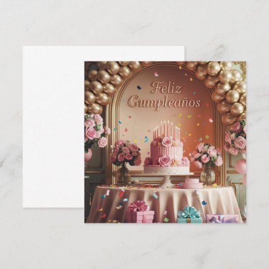 “Feliz Cumpleaños” Elegant Pink & Gold Birthday  招待状 (正面/裏面)