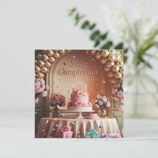 “Feliz Cumpleaños” Elegant Pink & Gold Birthday 招待状 (スタンド正面)