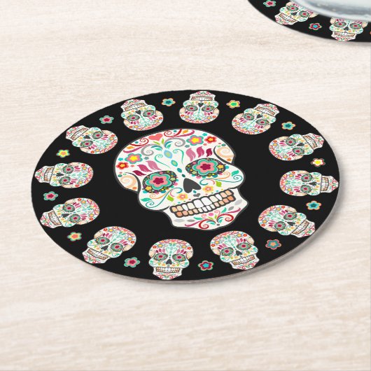 Feliz Muertos -お祝いの砂糖のスカルのコースター ラウンドペーパーコースター (アングル)