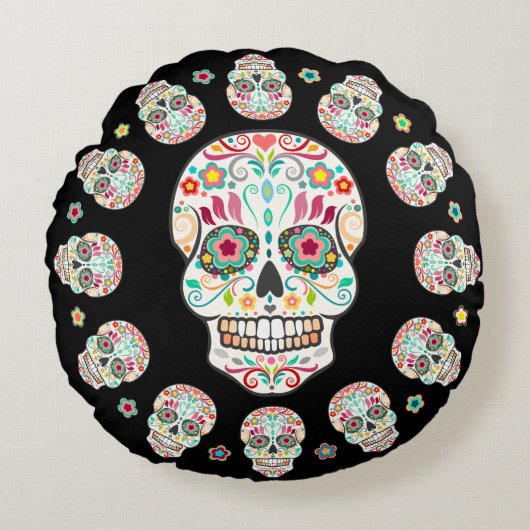 Feliz Muertos -お祝いの砂糖のスカルの円形の枕 ラウンドクッション (正面)