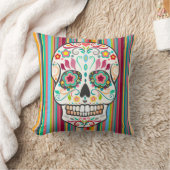 Feliz Muertos -砂糖のスカル及びストライプな装飾用クッション クッション (ブランケット)